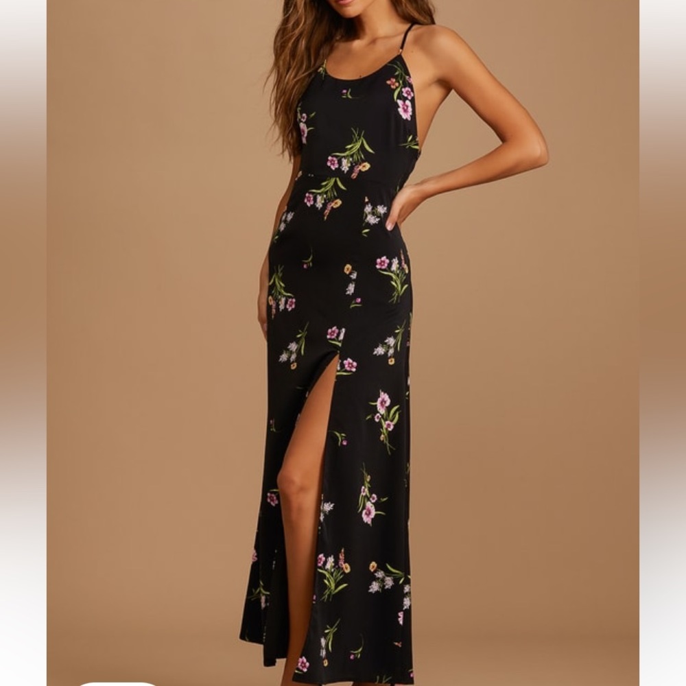 Blooming Vision Black Floral Print Satin Maxi Dress